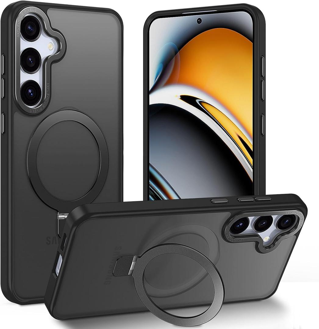 for Samsung Galaxy S25 Translucent Matte Case Compatible with MagSafe Military Grade Drop Tested, Built-in Adjustable Magnetic Ring Stand for Work/Video - Black