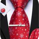 Barry.Wang Christmas Ties for Men Xmas Holiday Neckties Pocket Square Cufflinks Set Party Vacation (Red Snowflake)