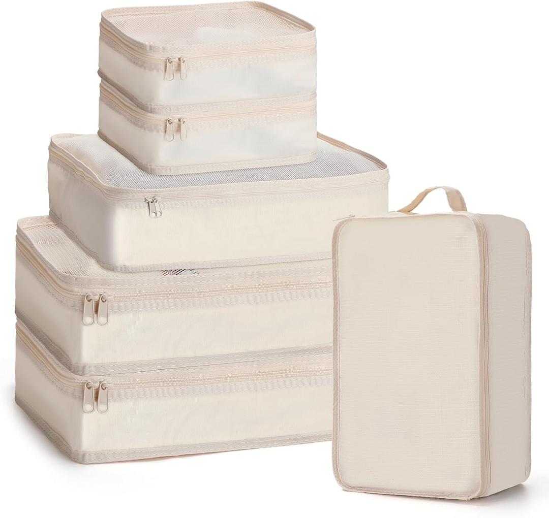 Reginary 1 Pack 6 Set Travel Packing Cubes Luggage Organizer Set Lightweight Suitcase with Shoe Bag for Clothes Toiletries (Beige)