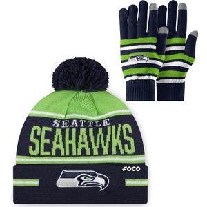 FOCO NFL unisex-adult Nfl Team Logo Adult Stretch Gloves With Big Wordmark Strip Pom Knit Hat Beanie Set (One Size)