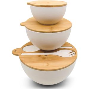 ECOWAY Salad Bowls Set of 3 with Seal Lid & Serving Utensils, Bamboo Fiber Mixing Bowls Set Large Serving Bowls & Storage Set with Bamboo Lid for Salad, Kitchen Eating, Pasta, Popcorn, Fruit, White