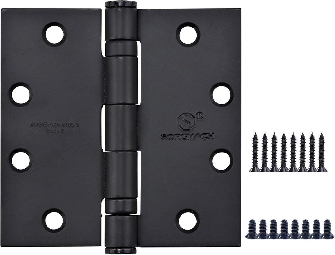 Matte Black Heavy Duty Door Hinge 4.5 X 4.5 Inch Ball Bearing Commercial Hinges Square Corners Interior and Exterior Hardware for 4-1/2 Doors Hinge Grade ANSI/BHMA A156 Grade 1.