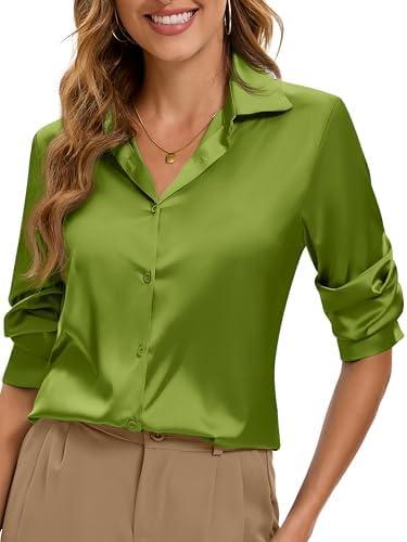 Syewan Premium Soft Breathable Stretch Satin Silk Button Down Shirts for Women Long Sleeve Leopard Blouses Work Dress Tops, Size S