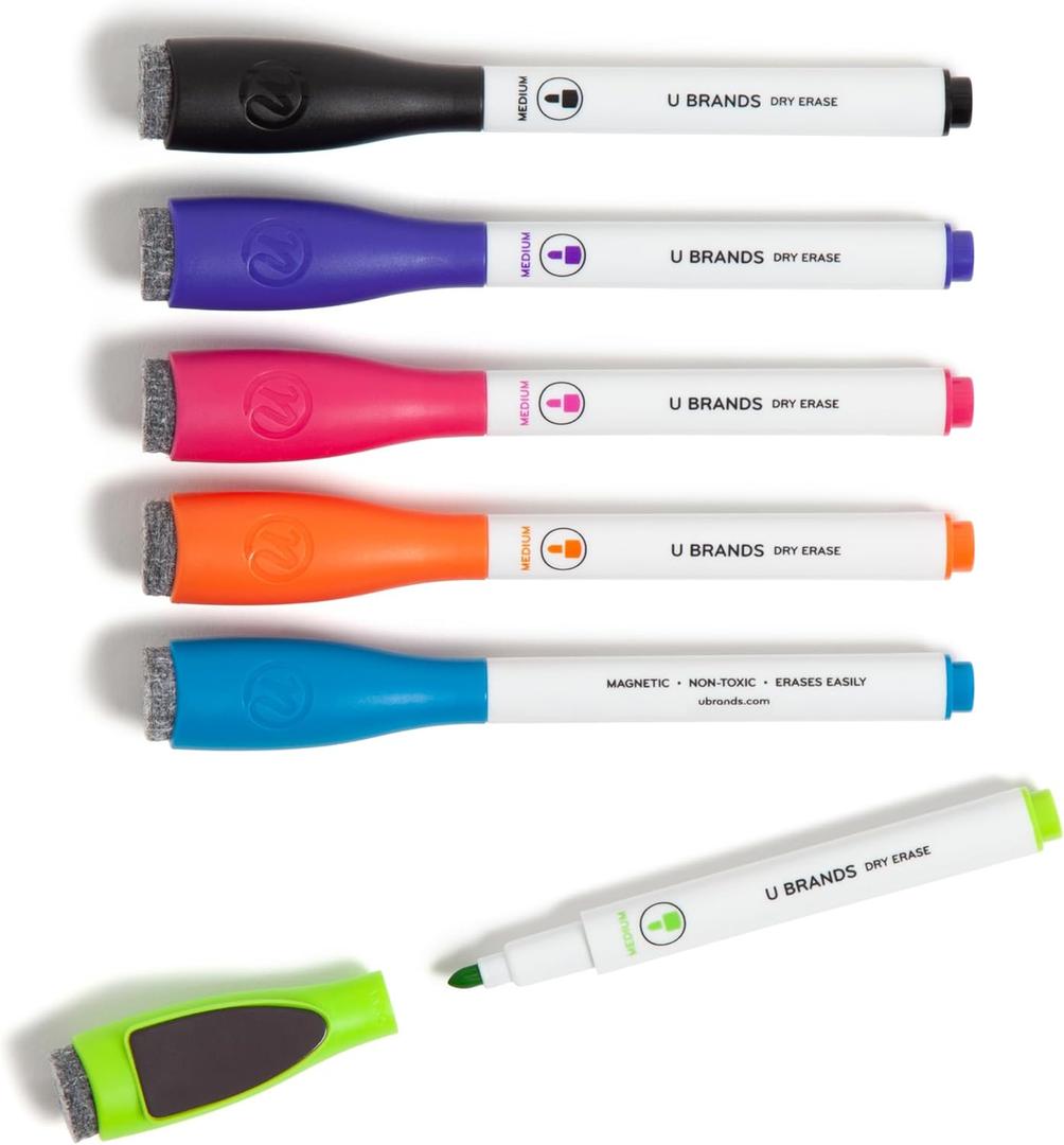 U Brands Fine Tip Dry Erase Markers with Eraser, Low Odor Whiteboard Markers Fine Tip, Assorted Bright Colors, Set of 6 (1 Count (Pack of 6))