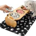 Tilted Elevated Cat Food Bowls Set: Raised Pet Dishes for Cats & Puppy with 15Tilted Bamboo Stand, Stainless Steel Food & Water Bowl and Pet Feeding Mat | Anti Vomiting (3 Bowls | Little Monster)