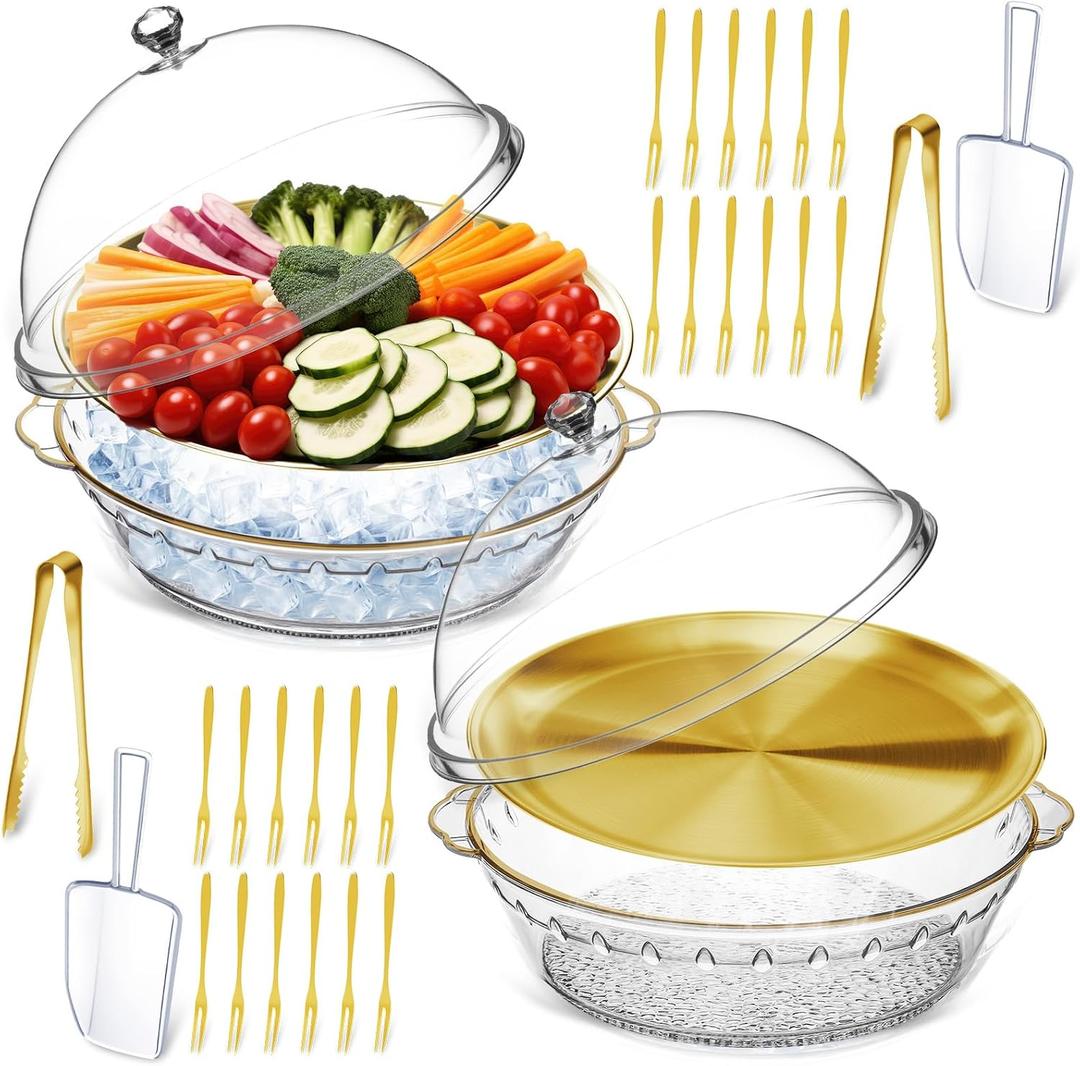 Baderke 11.8" Chilled Serving Tray for Parties with Compartments and lid Ice Chilled Party Platter Charcuterie Serving Board Cold Dish Dip for Fruit Seafood Vegetable Shrimp Cocktail (Gold,2 Pcs)