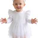 Baby Girl Ruffle Sleeve Romper Dress Outfit Newborn Princess Tulle Dresses Infant Jumpsuit Tutu Skirt Set Clothes (9-12 Months, White-long Sleeve)