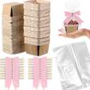 Kigley 24 Set Wooden Gift Baskets Empty Small Gift Basket with Cellophane Bags Bows Basket Kit for Easter Spring DIY Picking Fruit Birthday Baby Shower Wedding Bow Party (4 Inch,Pink)