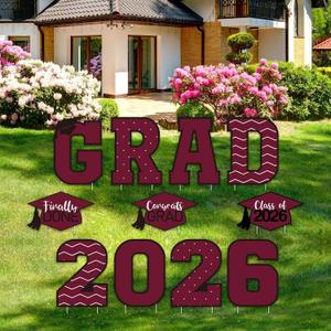 Tatuo 11 Pcs Graduation Yard Sign Decorations Class of 2026 Congrats Graduation Lawn Signs Grad Yard with 23 Stakes for High School College Outdoor Party Supplies(Maroon,Simple Style)