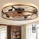 VOLISUN 27.6'' Caged Ceiling Fan with Light and Remote,Rustic Low Profile Ceiling Fan with Light Flush Mount, Farmhouse Bladeless Fandelier Ceiling Fans with Lights for Kitchen,Bedroom-Gold