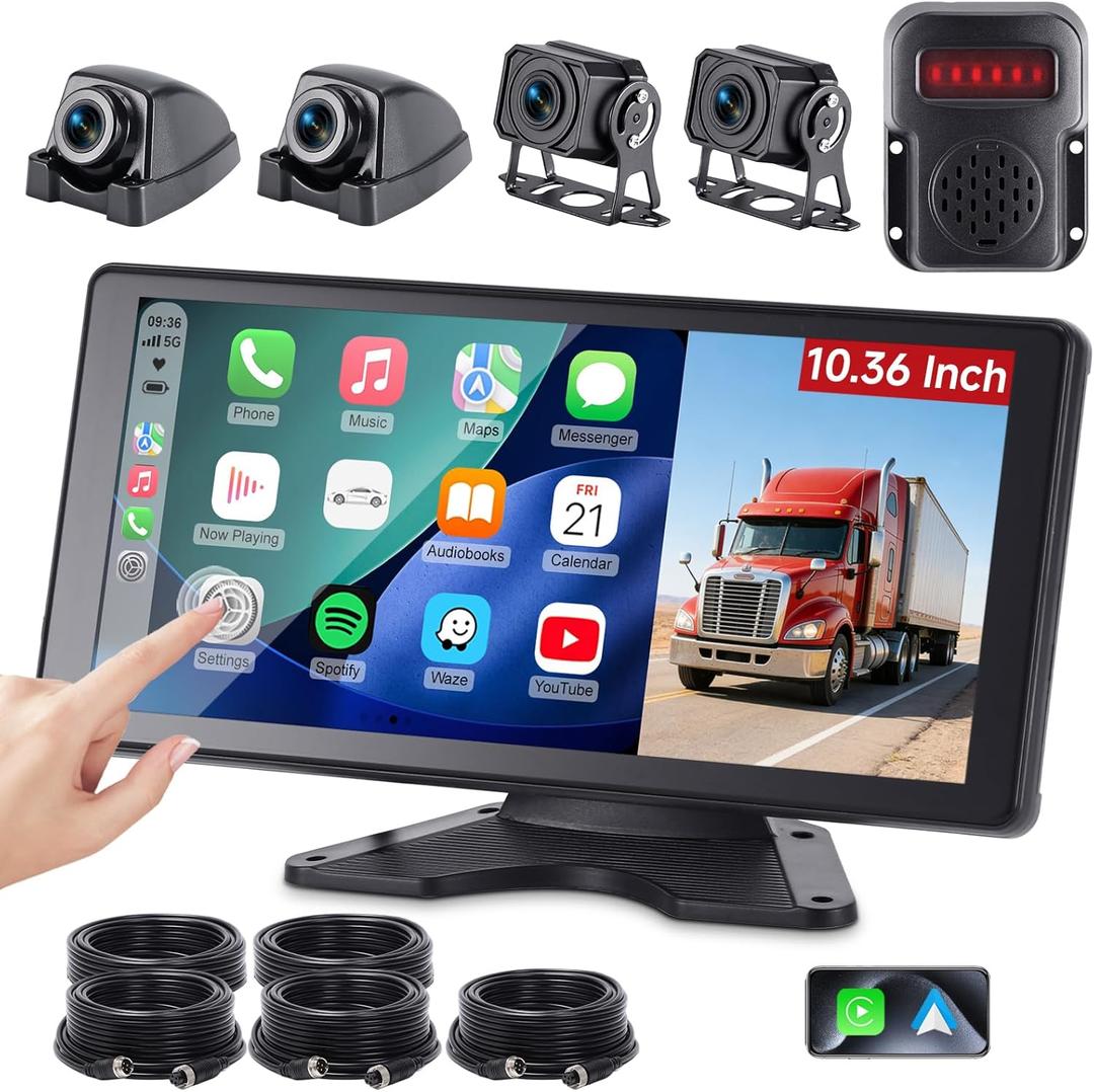 RV Camera System with Carplay & Android Auto, 10.36" Touch Screen Monitor, Wired 4 1080P IP69 Waterproof Backup Cameras for Semi Truck Trailer Camper, Blind Spot Detection/DVR Loop Recording
