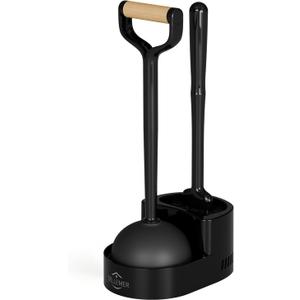 Sellemer Toilet Brush and Plunger Set, Curved Design Head for Deep Cleaning, Heavy Duty Toilet Bowl Brush and Plunger Combo with Holder for Bathroom Cleaning, Black, 1 Pack