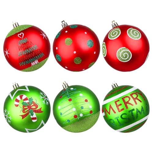 Lanpn 6Pcs 4" Large Outdoor Christmas Ornaments, Xmas Tree Elf Swirl Ball Decoration, Big Red Green Christmas Ornament, Giant Glittering String Ball Plastic Hanging Decor for Lawn Yard Holiday Party