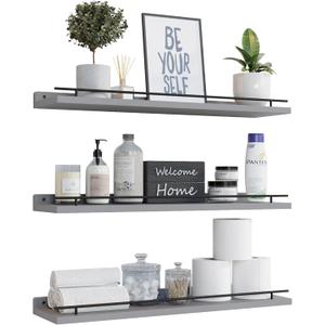 WOPITUES Floating Shelves 24 inch with Black Metal Guardrail, Shelves for Wall Decor Set of 3, Wall Shelves for Bedroom, Bathroom, Kitchen, Living Room, Plants, Picture Frames, Art- Grey