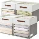 Storage Cubes, 4 Pack Linen Foldable Storage Bins (13 x 13 inch) with Clear Window and Handles, Fabric Organizer for Shelf Closet, Clothes, Books - (Gray and White)