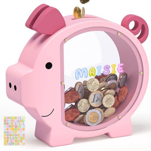 Wooden Piggy Bank for Kids Cute Money Bank for Boys and Girls Clear Wood Money Box Personalized Saving Money Jar, Creative Present for Children Birthday Christmas & Decor (Pink, Standard)