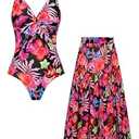 GRACE KARIN One Piece Swimsuits for Women with Cover Up Skirt Tummy Control V Neck Bathing Suits (X-Large, Black Red Floral)