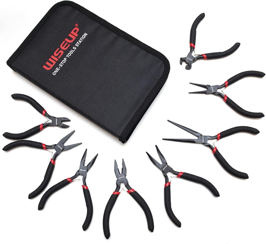 WISEUP 8-Piece Mini Pliers SetNeedle, Round, Flat, Long, Bent Nose, Diagonal, End Cutting & Linesman Pliers for Crafting, Electronics & Jewelry Makingwith Pouch
