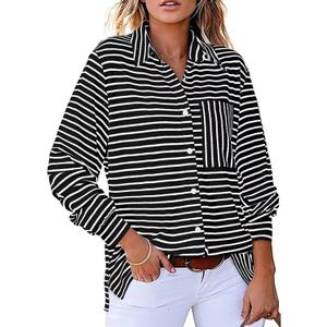 Astylish Women's 2025 Oversized Long Sleeve Shirts Button Up Striped Collared Front Pocket Top (Medium, Black)