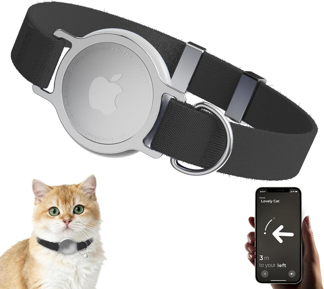 AirTag Cat Collar, Ultra Elastic Cat Tracker Collar with Apple Air Tag Holder, [Lightweight & Scratch Resistant] Stepless Adjustable GPS Pet Tracking Collars for Cats Kittens (Black), One Size
