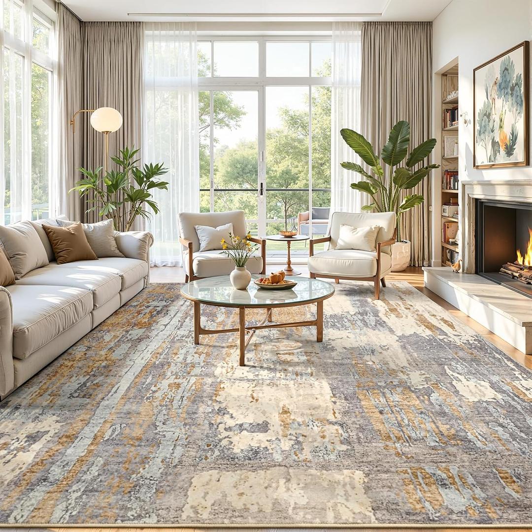 Toneed Abstract Area Rug Modern Washable Rug Soft Non Slip Rug Low Pile for Bedroom Living Room Dining Room Camel 6x9 Feet