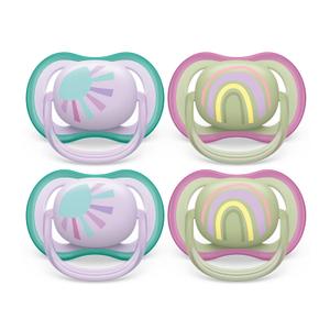 Philips Avent Ultra Air Pacifier - 4 x Light, Breathable Baby Pacifiers for Babies Aged 0-6 Months, BPA Free with Sterilizer Carry Case, SCF085/51 (Lilac Sun / Green Rainbow)