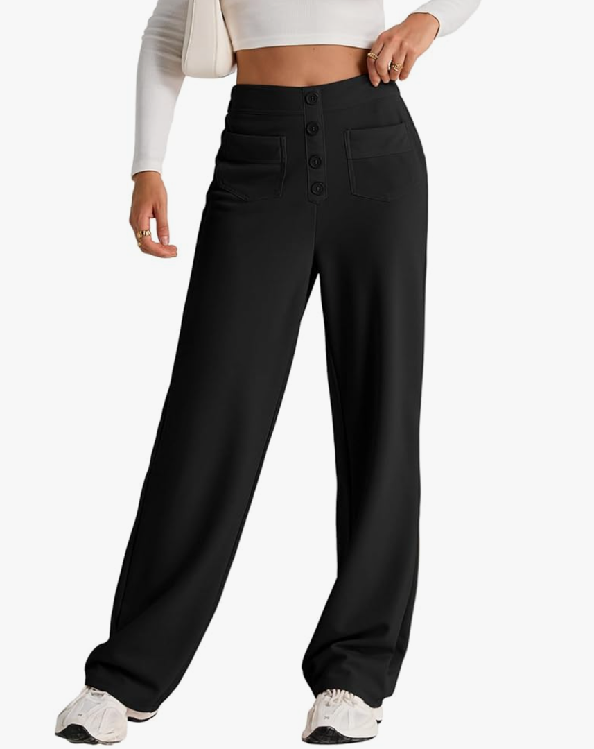 EVALESS Womens High Waist Button Stretchy Work Pants Straight Leg Office Dress Pant Business Casual Trousers with Pocket, Size L