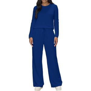 HBQ Women 2 Piece Sets Crewneck Top Wide Leg Pants Sweatsuits With Pockets (Blue, M)