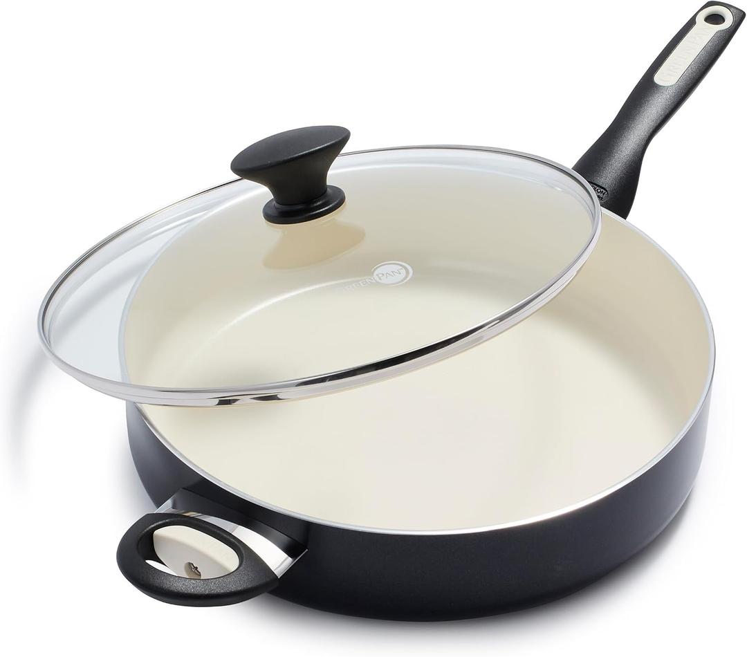 GreenPan Rio Healthy Ceramic Nonstick 5QT Saute Pan Jumbo Cooker with Helper Handle and Lid, PFAS-Free, Dishwasher Safe, Black