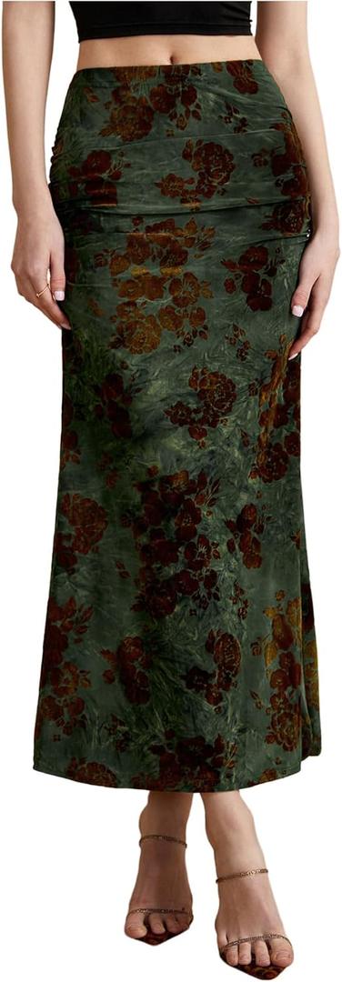 Women's Floral Print Maxi Skirt High Waisted Bodycon Y2k Ruched Fishtail Vintage Fall Skirts (Army Green, M)
