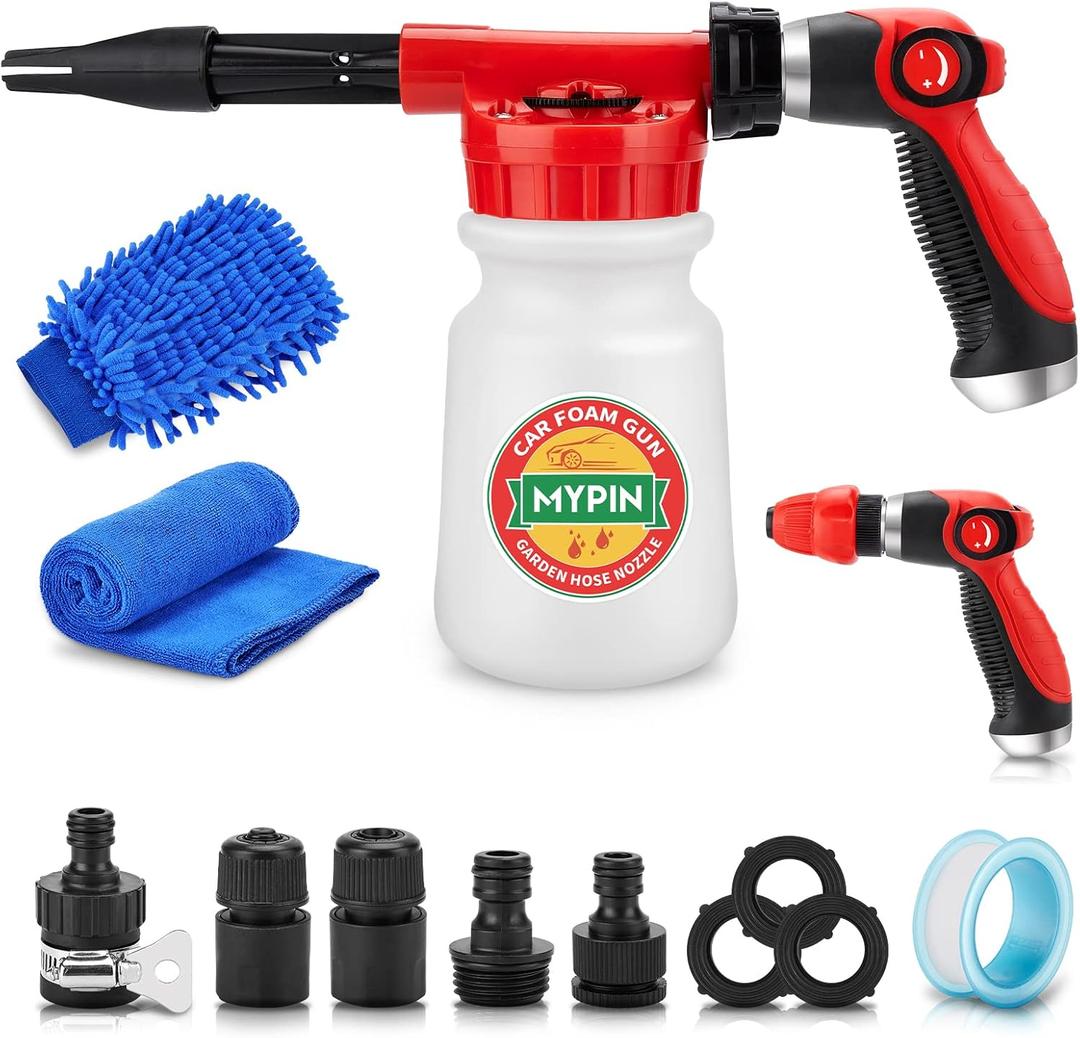 Car Wash Foam Gun/Hose Sprayer, 16 IN 1 Cannon, Adjustable with 2.5-6 Ratio Dial Foam Blaster, 1L Bottle, Nozzles, Mitten, 1/2 Quick Connector for Garden Hose, for Car/Garden Cleaning