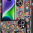 Compatible for iPhone 14 Case Cute with Strap Stand Finger Kickstand, Designer Cool Silicone Cases Funda Cover - Blue Skulls Skeletons Halloween