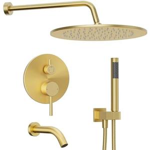 Gabrylly Brushed Gold Bathtub Shower Faucet Set with Tub Spout, 10 Inch Wall Mounted High Pressure Rainfall Shower Head with Handheld Combo, 3-Way Diverter Valve Complete Bathroom Shower Fixtures
