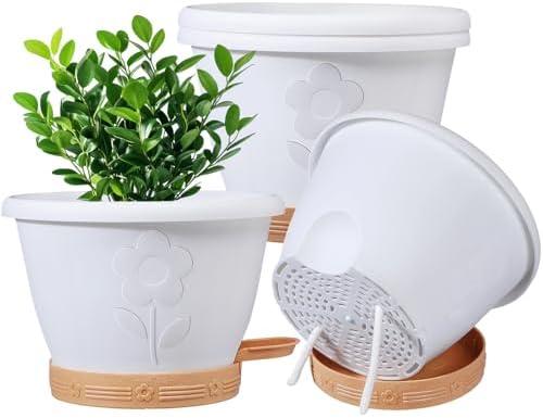 XMPBFYH Plant Pots, Flower Pots for Indoor/Outdoor Plants, Self Watering Plastic Planters Pots with Drainage Holes, Saucer & Reservoir, Decorative Nursery Planting Pots(10 Inch Set of 4)
