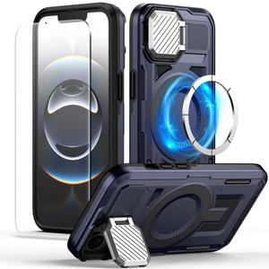 MMHUO for iPhone 16e Case with Adjustable Camera Cover Stand & Screen Protector,[Compatible with MagSafe] [Military Grade Protection] Shockproof Phone Case for iPhone 16e 2025 6.1 inch,Blue