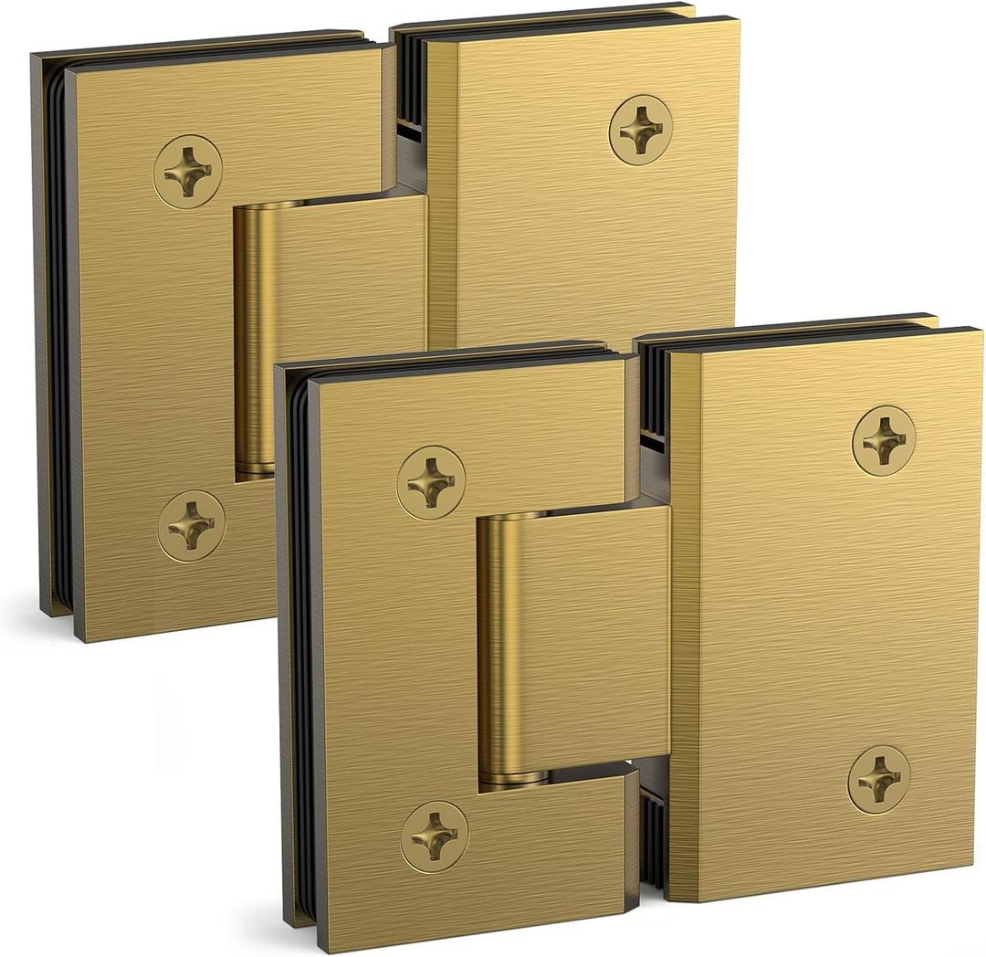 180 Degree Glass Shower Door Hinges Heavy Duty Solid Brass Glass Shower Door Hinges for 5/16"(8mm) - 1/2"(12mm) Thickness Tempered Glass (Brushed Gold, 2 Pack, 180 Degree)