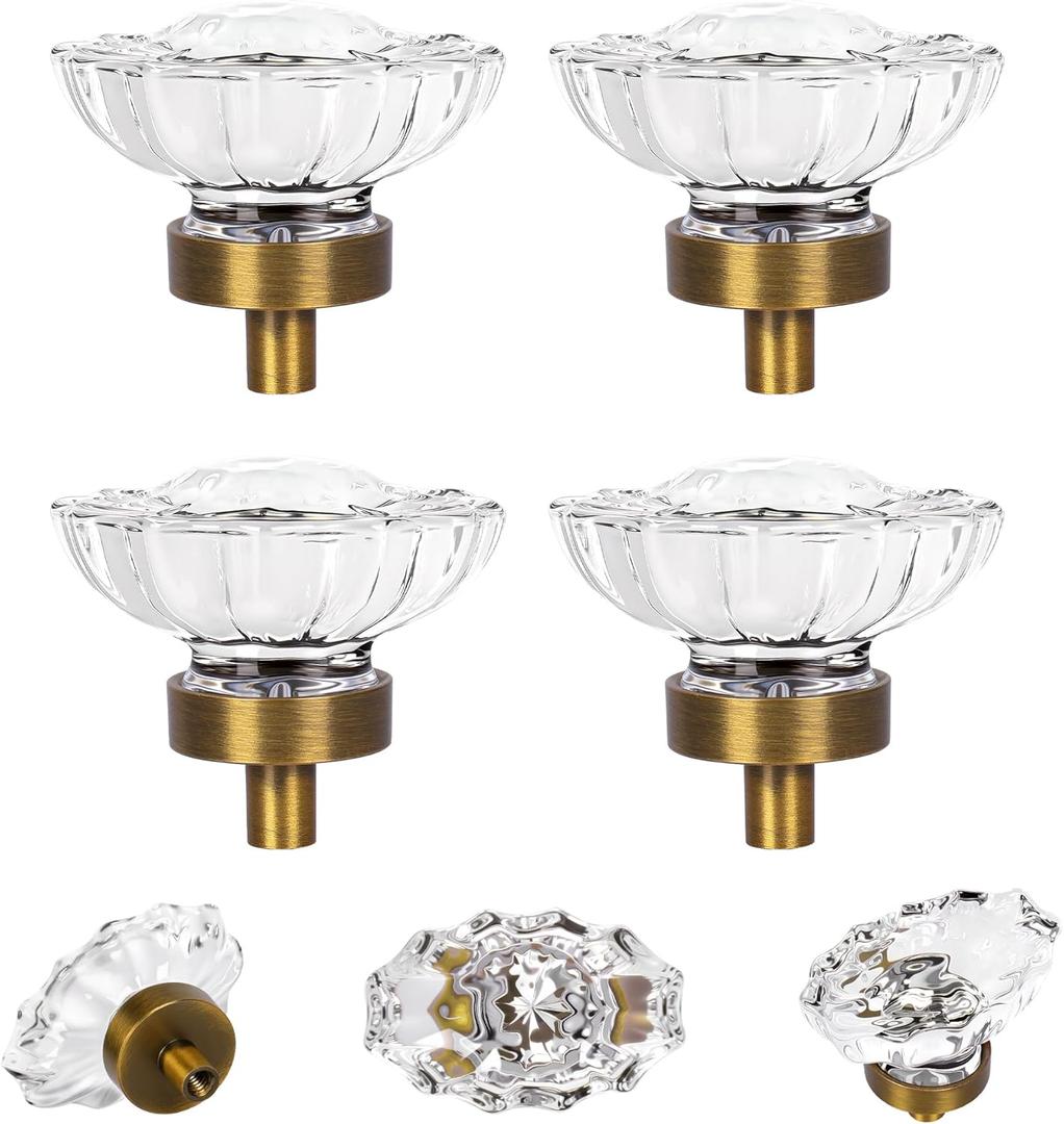 4 Pack Antique Brass Crystal Drawer Knobs Vintage,Oval Glass Crystal Drawer Pulls Kitchen Cabinet Dresser Cupboard Wardrobe Handles