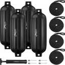 Boat Fenders 4 Pack 8.5 x 27 Inches Ribbed Twin Eyes Boat Fenders Bumpers for Docking, Comes with Ropes and Pump to Inflate (Obsidian Black)