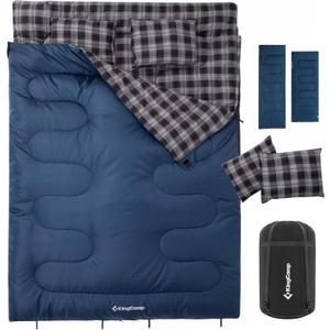 KingCamp Double Sleeping Bag for Adults, Queen Size 2 Person XXL Flannel Sleeping Bag, Waterproof Lightweight Flannel Quilt with 2 Pillows, Perfect for Couples Family Camping Hiking (Envelope-Navy Grey)