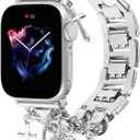 Stylish Wristband Compatible with Apple Watch Bands 38mm 40mm 41mm 42mm 44mm 45mm 49mm 46mm,Replacement Strap with Unique Pendants for iWatch Series 11 10 9 8 7 6 5 4 3 2 SE Ultra Metal Chain Charms Women (Silver+Silver Leather)