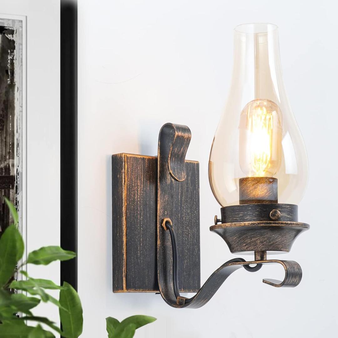 Yisuro Hardwired Wall Sconce,Oil Rubbed Bronze Hardwired Wall Sconce Indoor, Retro Rustic Wall Lamps with Amber Glass,Vintage Bedside Sconces Wall Lighting for Living Room Bathroom (Hardwired 1 pack)