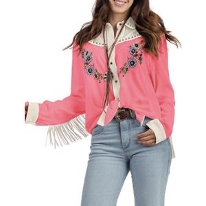 JOHN MOON Women's Embroidered Western Long Sleeve Buttons Down Shirts Collared Retro Casual Blouses Shirts, XL
