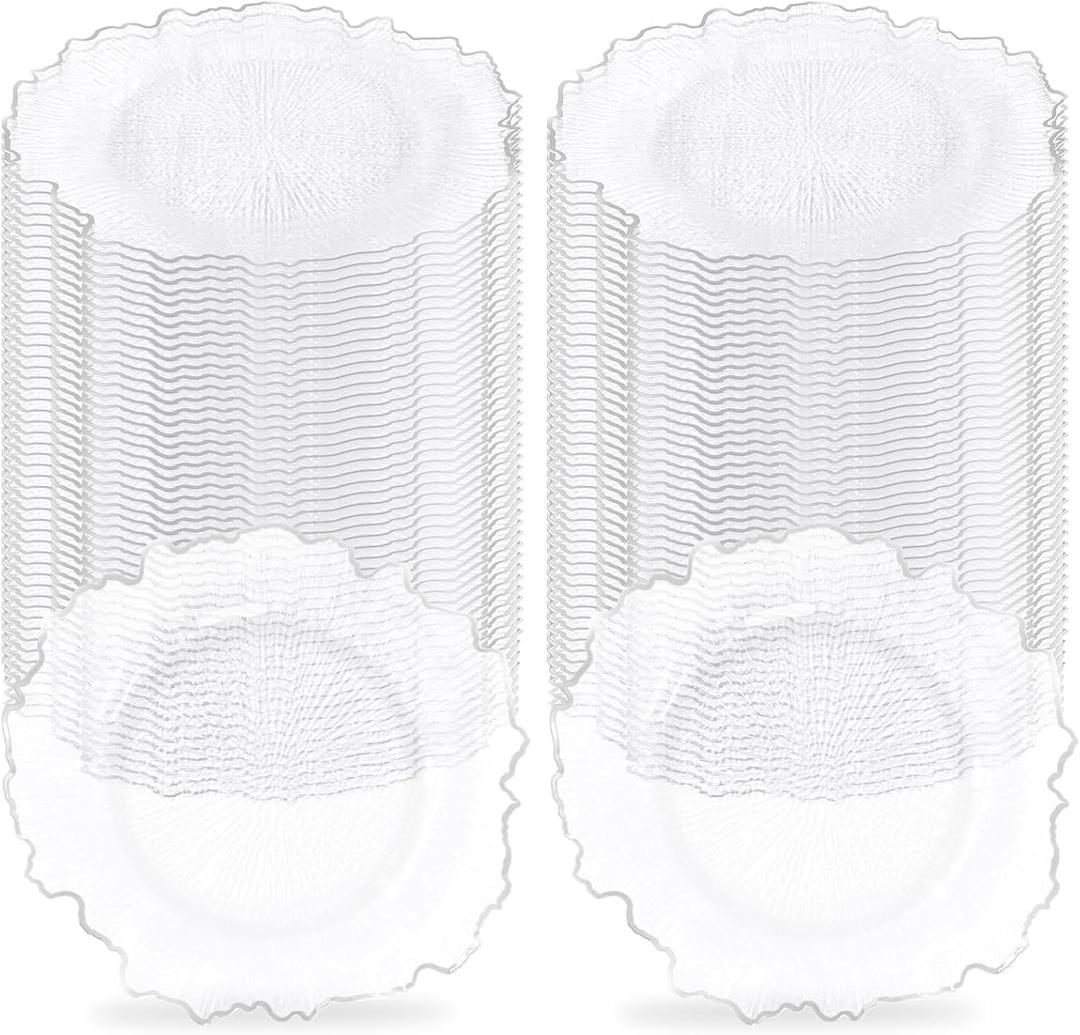 100Pcs Clear Charger Plates Bulk Wedding - 13" Premium Plastic Ruffled Silver Rim Chargers with Flora Reef Design，Decorative Dinner Charger Plates for Events & Parties
