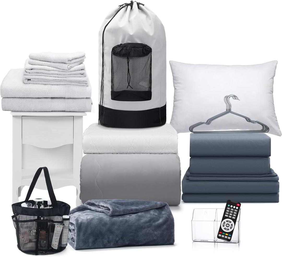 29 Pcs College Dorm Twin XL Bedding Bundle Comforter College Essentials for Guys Dorm Bedding Bathroom and Storage Supplies for School Essentials(Grey)