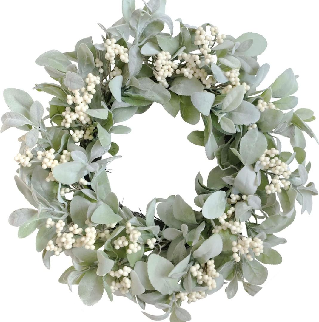 Bibelot 18 Inch Lambs Ear Wreath Spring and Everyday Lambs Leaves White Berries Wreath for Front Door, Everyday Grapevine Greenery Wreath for Indoor and Outdoor, Spring Berries Leaves Wreath