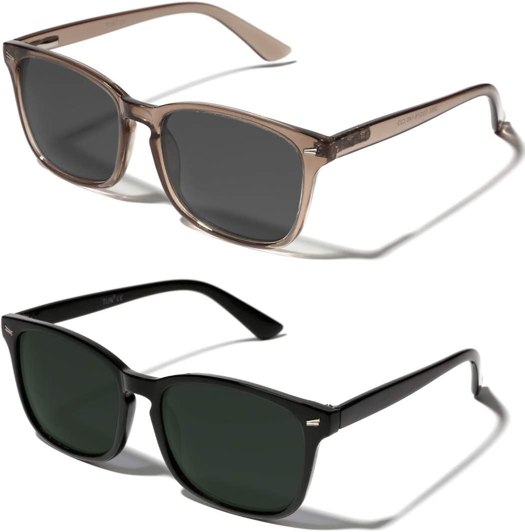 TIJN Polarized Sunglasses for Womens and Mens,Classic Square Frames Shades for UV Protection, Stylish and Trendy Sunnies (04.(2-pack)-wheat/Grey Lens+black/Green Lens)