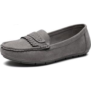 Women's Business Loafers Work Casual Flats Shoes Lightweight Penny PU Leather Slip On Walking Shoes (10 Wide, Grey Fabric)