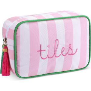 Sanwuta Mahjong Tile Bag with Zipper, Striped Embroidered Mahjong Storage Pouch Mah Jong Bags for Tiles Board Game Pieces Game Party Travel Gatherings Accessories(Pink, Classic)