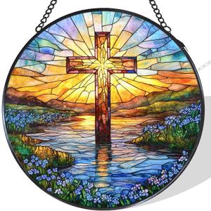 Cross Christian Stained Glass Window Hanging Suncatcher 7.8Inch