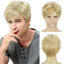 YYHR Mens Blonde Wig Short Layered Natural Fluffy Wig Synthetic Male Guy Daily Wear Anime Costume Halloween Cosplay Party (Blonde Mix Brown)